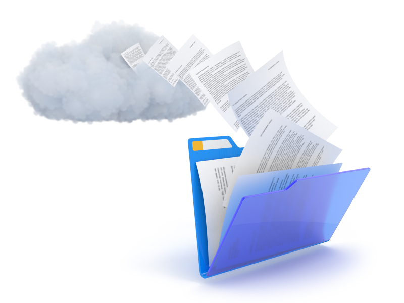 Blue folder with cloud and documents over white.